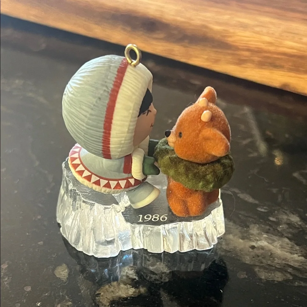 Hallmark 1986 Frosty Friends #7 Red and White Eskimo with Baby Reindeer Ornament